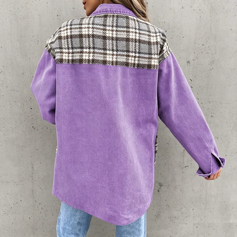 women's plaid panel denim shacket oversized jean jacket in purple, back view