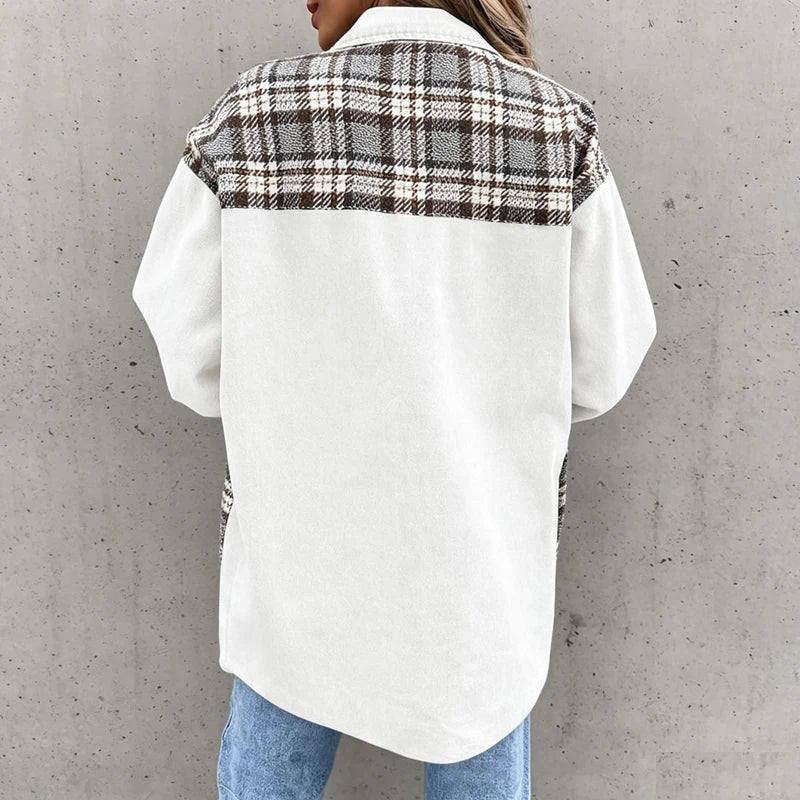 women's plaid panel denim shacket oversized jean jacket in white, back view
