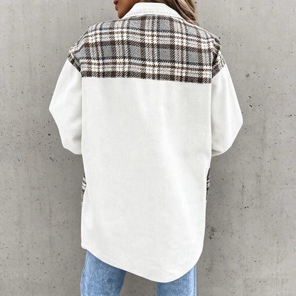 women's plaid panel denim shacket oversized jean jacket in white, back view
