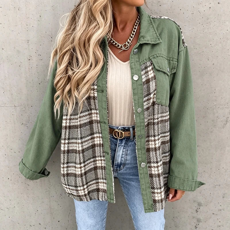 women's plaid panel denim shacket oversized jean jacket in green, front view