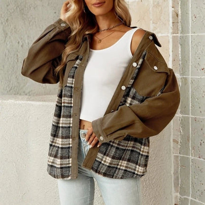 women's plaid panel denim shacket oversized jean jacket in brown, front view