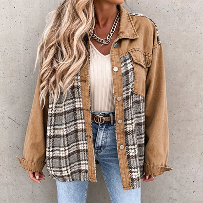 women's plaid panel denim shacket oversized jean jacket in khaki, front view