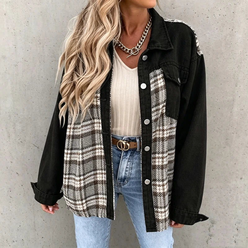 women's plaid panel denim shacket oversized jean jacket in black, front view