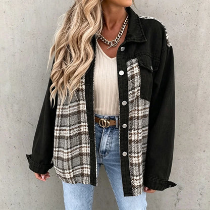 women's plaid panel denim shacket oversized jean jacket in black, front view