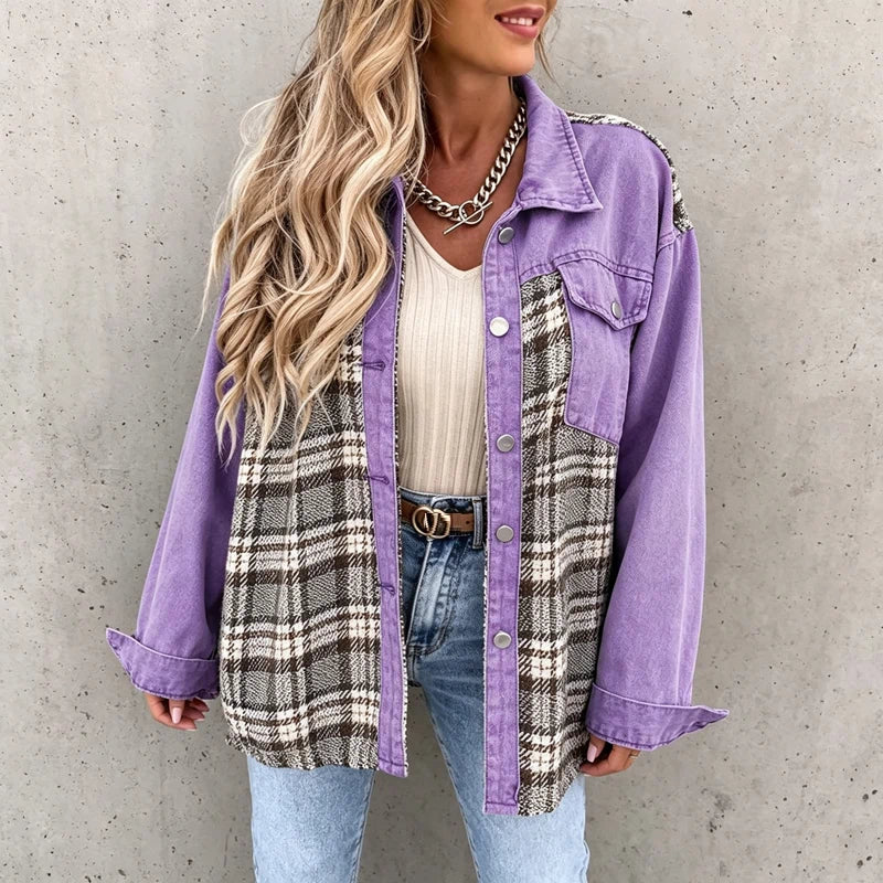 women's plaid panel denim shacket oversized jean jacket in purple, front view