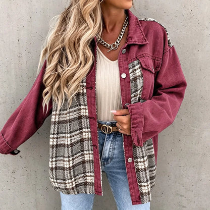 women's plaid panel denim shacket oversized jean jacket in red, front view