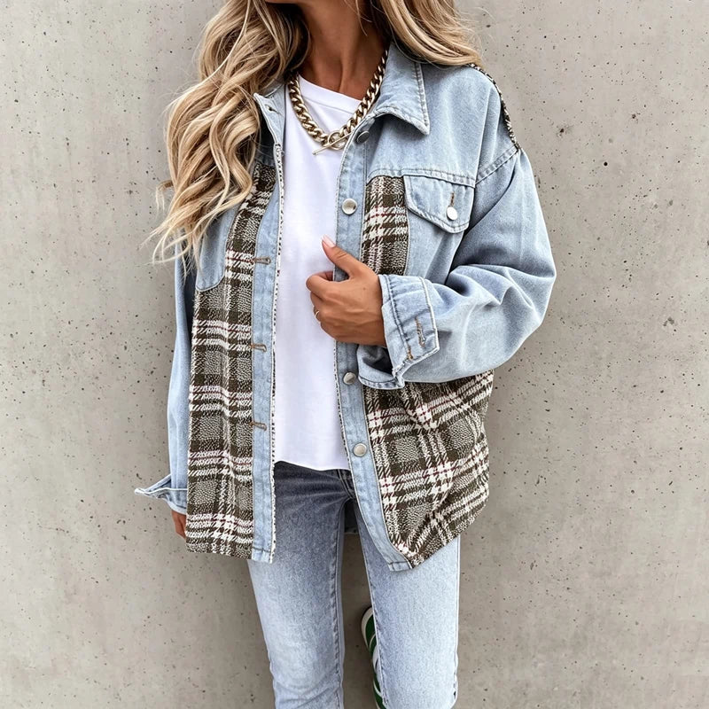 women's plaid panel denim shacket oversized jean jacket in light blue