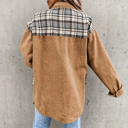 women's plaid panel denim shacket oversized jean jacket in khaki, back view