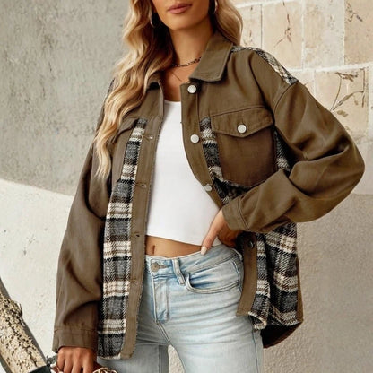 women's plaid panel denim shacket oversized jean jacket in brown