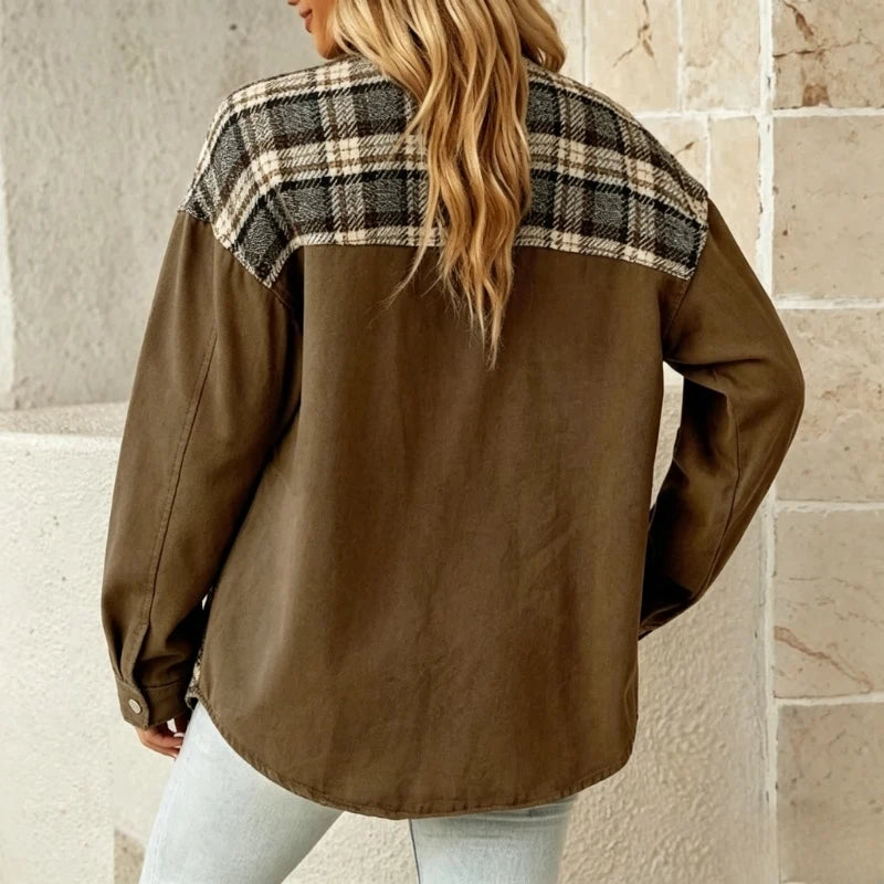 women's plaid panel denim shacket oversized jean jacket in brown, back view