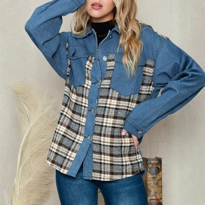 women's plaid panel denim shacket oversized jean jacket in blue, front view