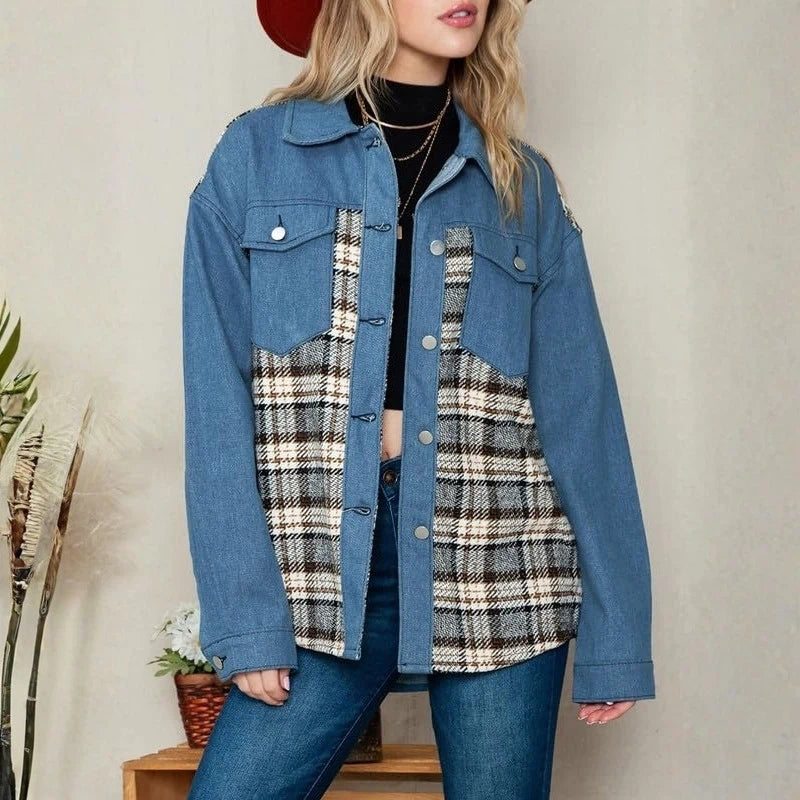 women's plaid panel denim shacket oversized jean jacket in blue