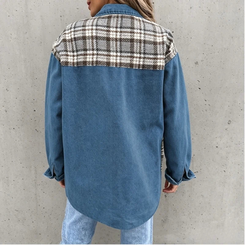 women's plaid panel denim shacket oversized jean jacket in blue, back view