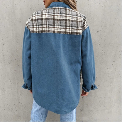 women's plaid panel denim shacket oversized jean jacket in blue, back view
