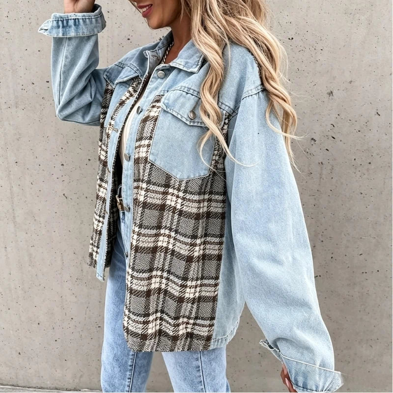 women's plaid panel denim shacket oversized jean jacket in light blue, side view