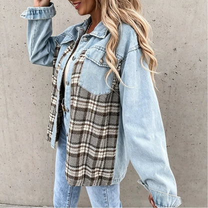 women's plaid panel denim shacket oversized jean jacket in light blue, side view