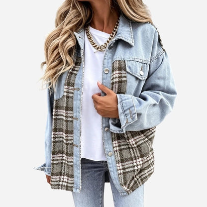 women's plaid panel denim shacket oversized jean jacket in light blue