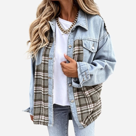 women's plaid panel denim shacket oversized jean jacket in light blue