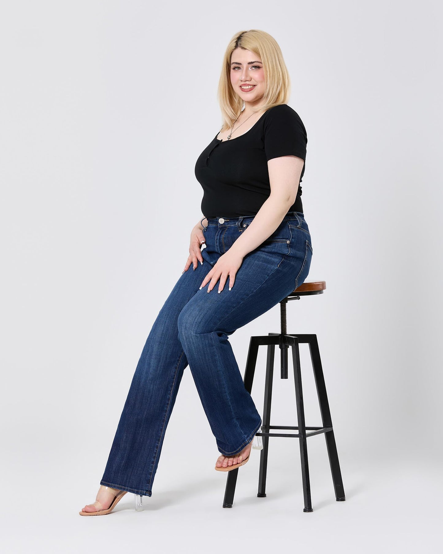 Women's Plus Size Bell Bottom Jeans Mid High Rise Flare Denim Pants