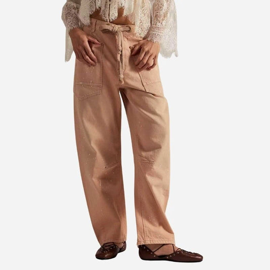 women's pull-on barrel jeans drawstring baggy pants in pink