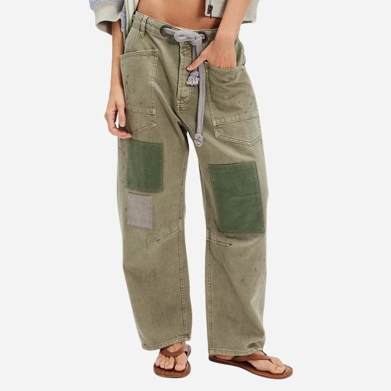 women's pull-on barrel jeans drawstring baggy pants in green