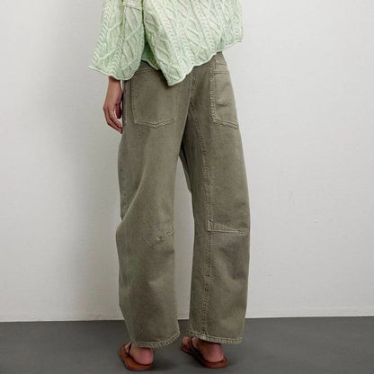 women's pull-on barrel jeans drawstring baggy pants in green, back view