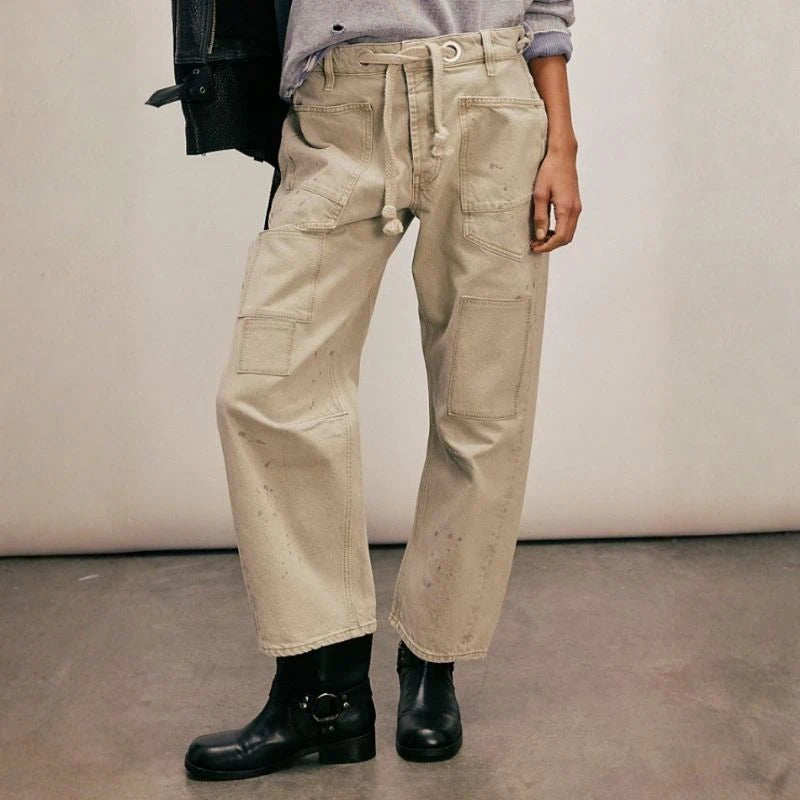 women's pull-on barrel jeans drawstring baggy pants in khaki