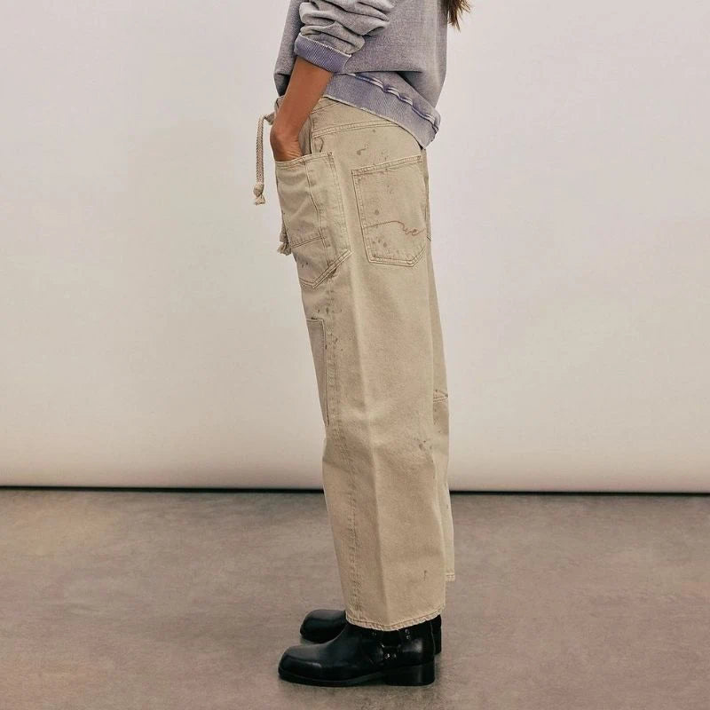 women's pull-on barrel jeans drawstring baggy pants in khaki, side view