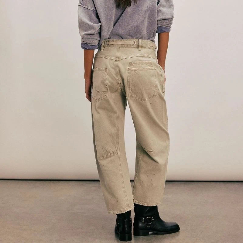 women's pull-on barrel jeans drawstring baggy pants in khaki, back view