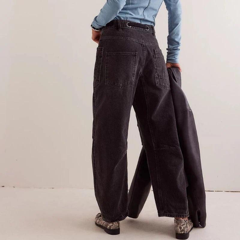 women's pull-on barrel jeans drawstring baggy pants in black, back view