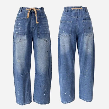 women's pull-on barrel jeans drawstring baggy pants in front and back views