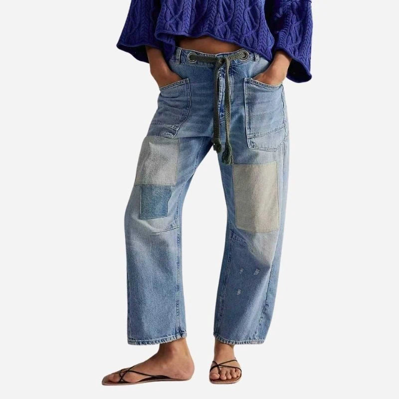 women's pull-on barrel jeans drawstring baggy pants in blue