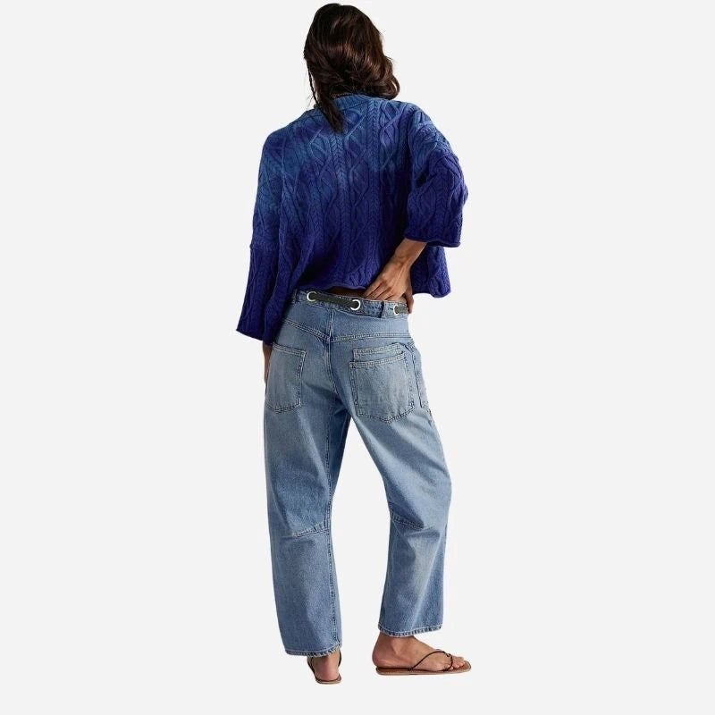 women's pull-on barrel jeans drawstring baggy pants in blue, back view