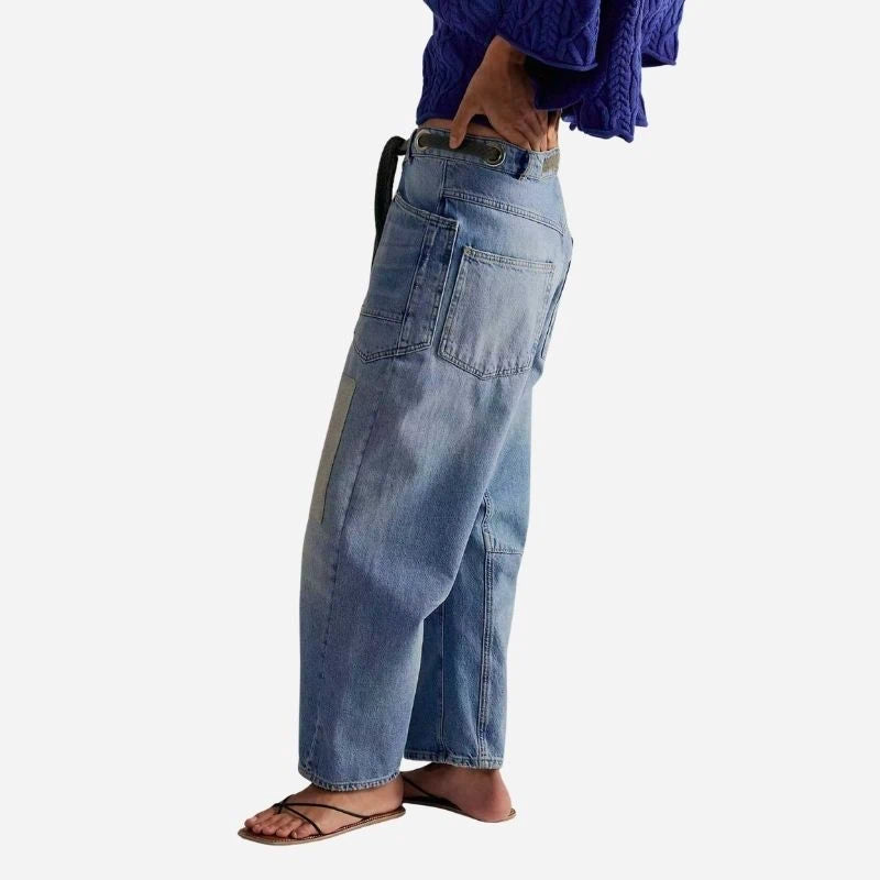 women's pull-on barrel jeans drawstring baggy pants in blue, side view