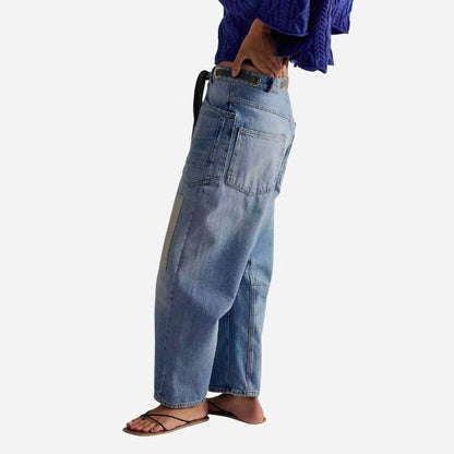 women's pull-on barrel jeans drawstring baggy pants in blue, side view