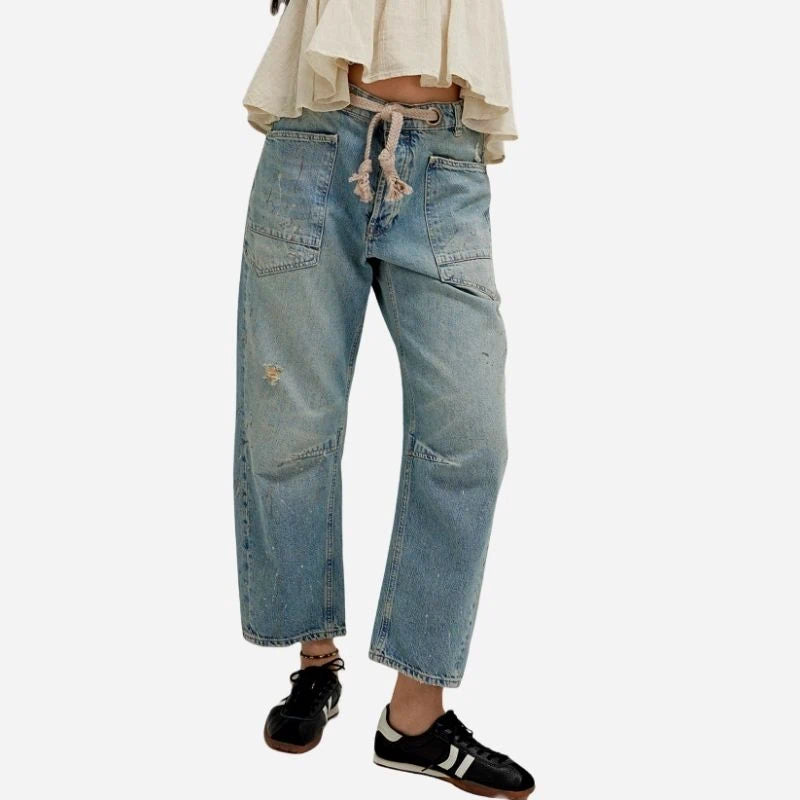 women's pull-on barrel jeans drawstring baggy pants in washed blue