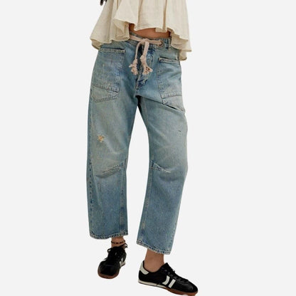 women's pull-on barrel jeans drawstring baggy pants in washed blue