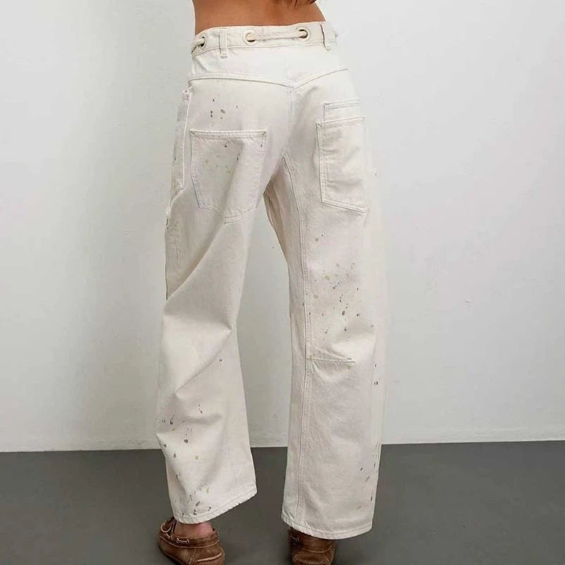 women's pull-on barrel jeans drawstring baggy pants in white, back view