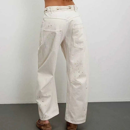women's pull-on barrel jeans drawstring baggy pants in white, back view