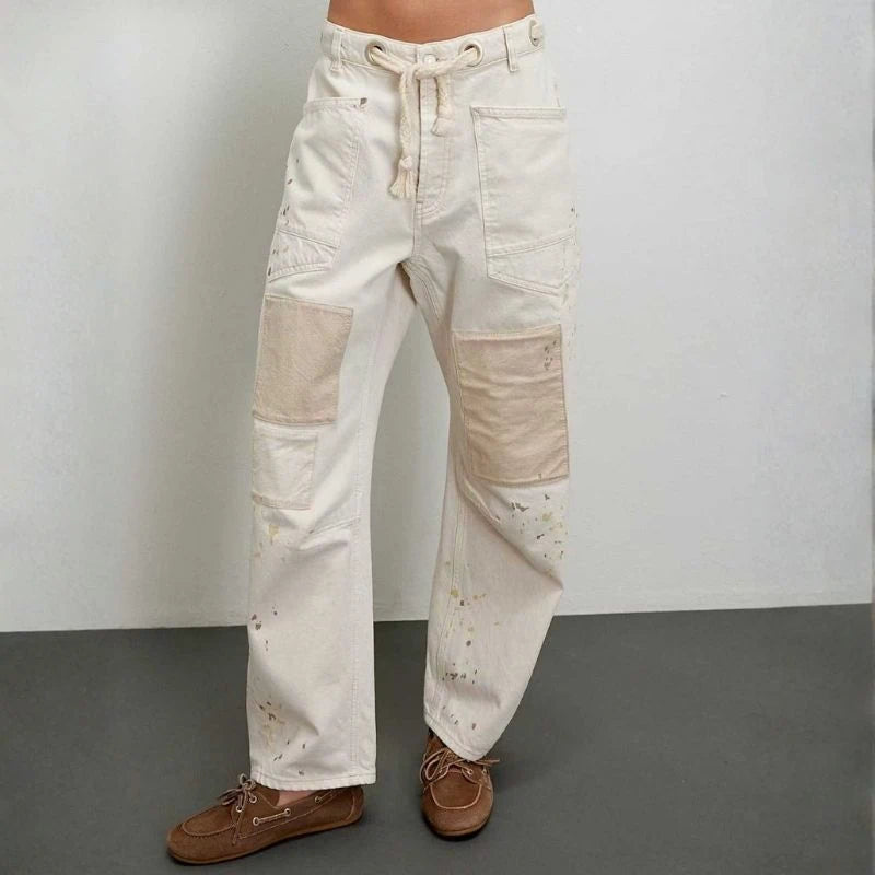 women's pull-on barrel jeans drawstring baggy pants in white