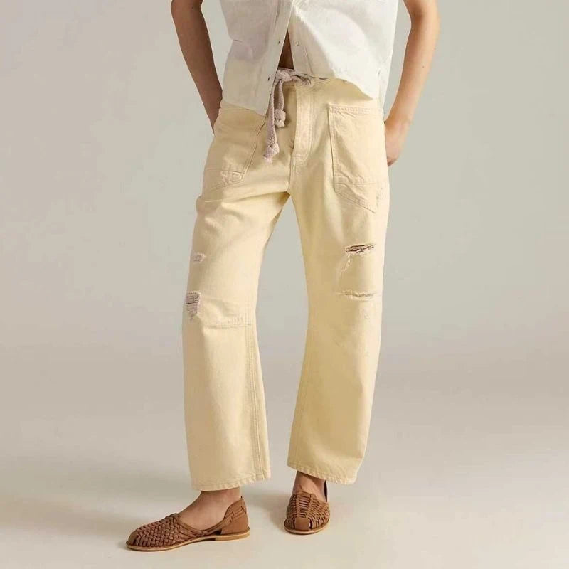 women's pull-on barrel jeans drawstring baggy pants in beige