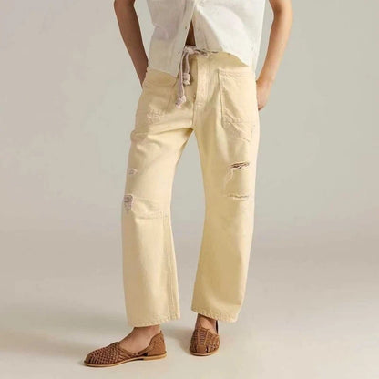 women's pull-on barrel jeans drawstring baggy pants in beige