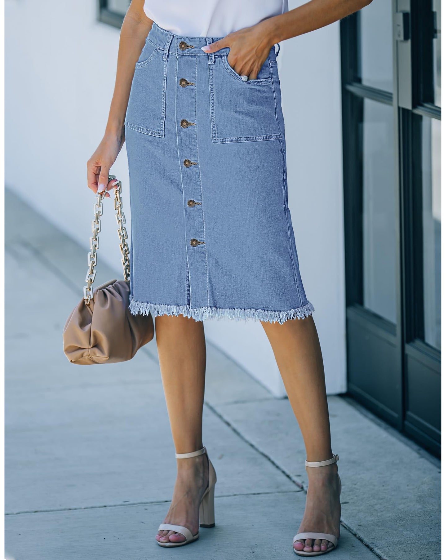 Women's Denim Maxi Skirt Elastic High Waist Frayed A-Line Jeans Skirt