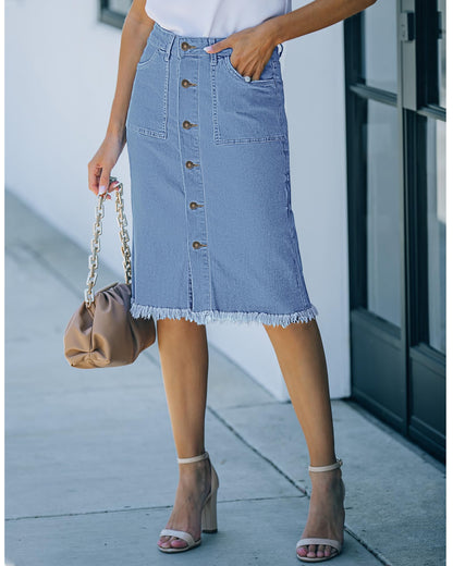 Women's Denim Maxi Skirt Elastic High Waist Frayed A-Line Jeans Skirt