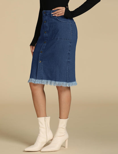 Women's Denim Maxi Skirt Elastic High Waist Frayed A-Line Jeans Skirt