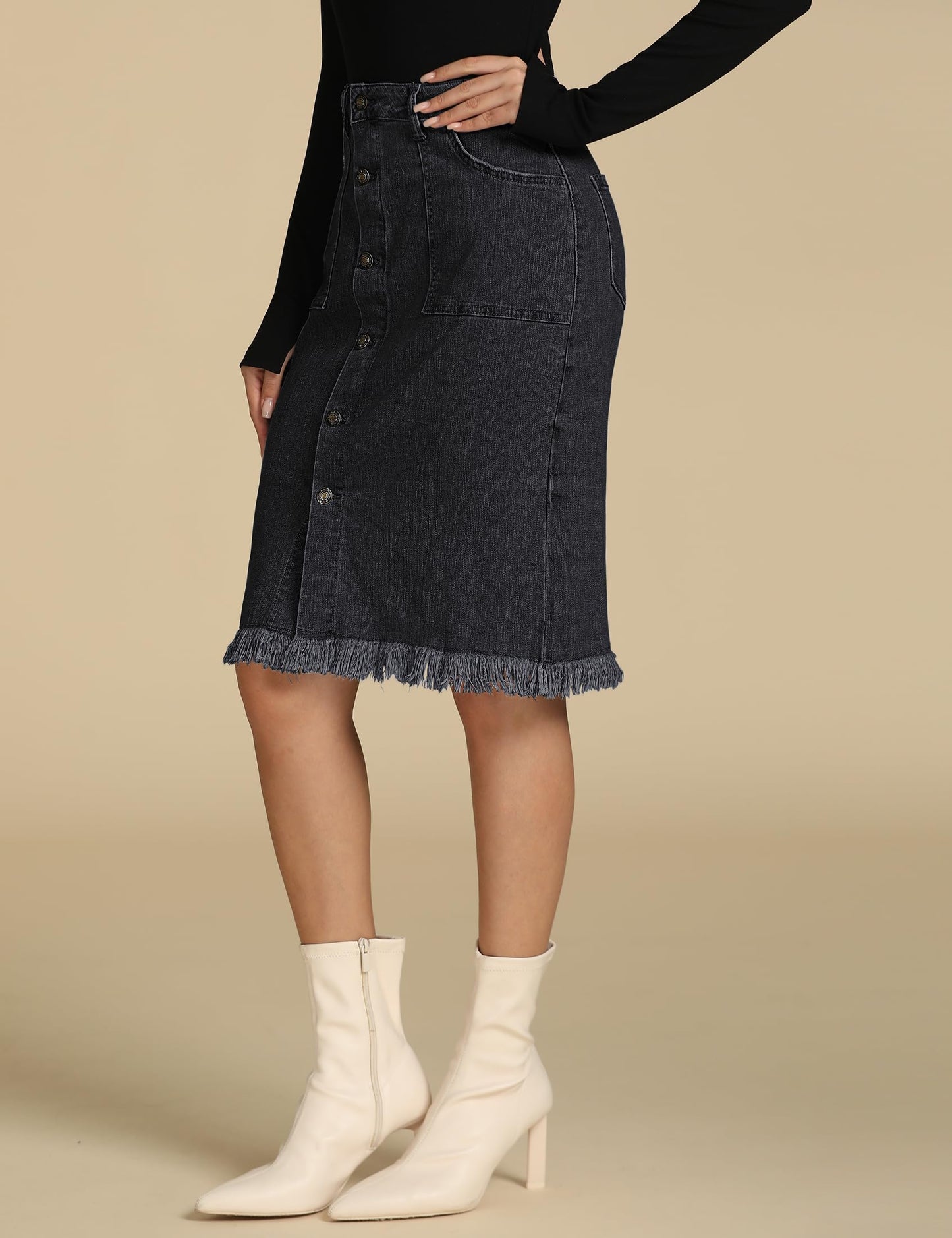Women's Denim Maxi Skirt Elastic High Waist Frayed A-Line Jeans Skirt