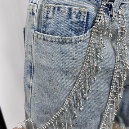 Women's Rhinestone Fringe Chain Denim Shorts Sexy High Waisted Jean Shorts