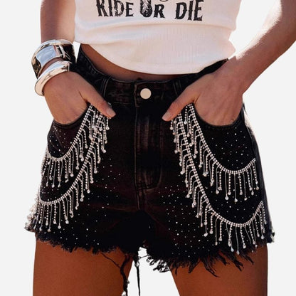 Women's Rhinestone Fringe Chain Denim Shorts Sexy High Waisted Jean Shorts
