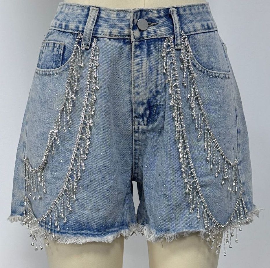 Women's Rhinestone Fringe Chain Denim Shorts Sexy High Waisted Jean Shorts