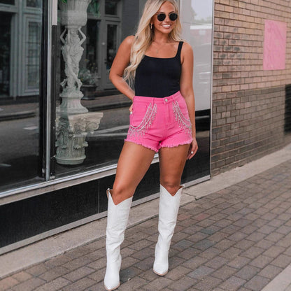 Women's Rhinestone Fringe Chain Denim Shorts Sexy High Waisted Jean Shorts